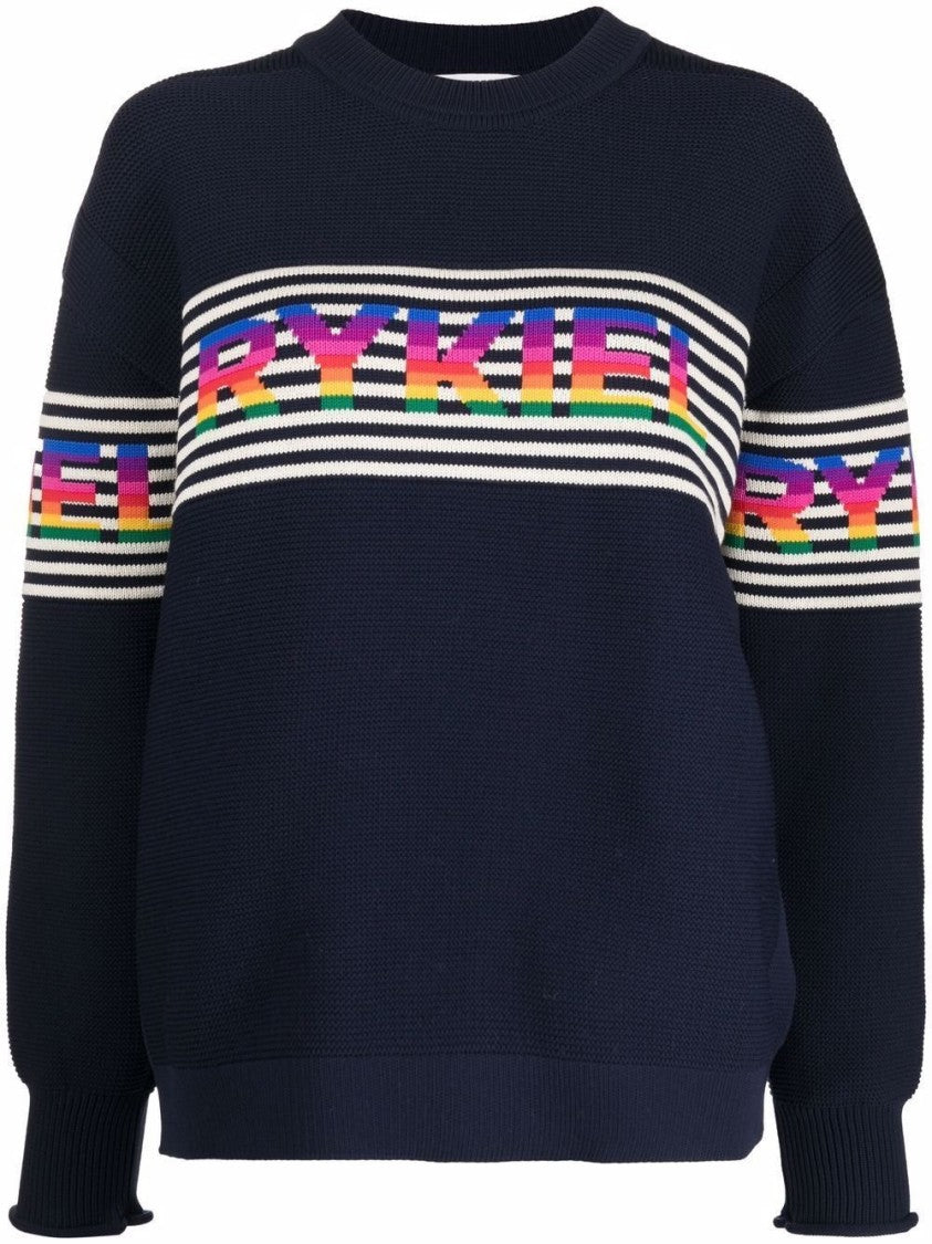 Sonia Rykiel Navy Blue Sweater With Bold Horizontal Stripe And Rainbow Lettering