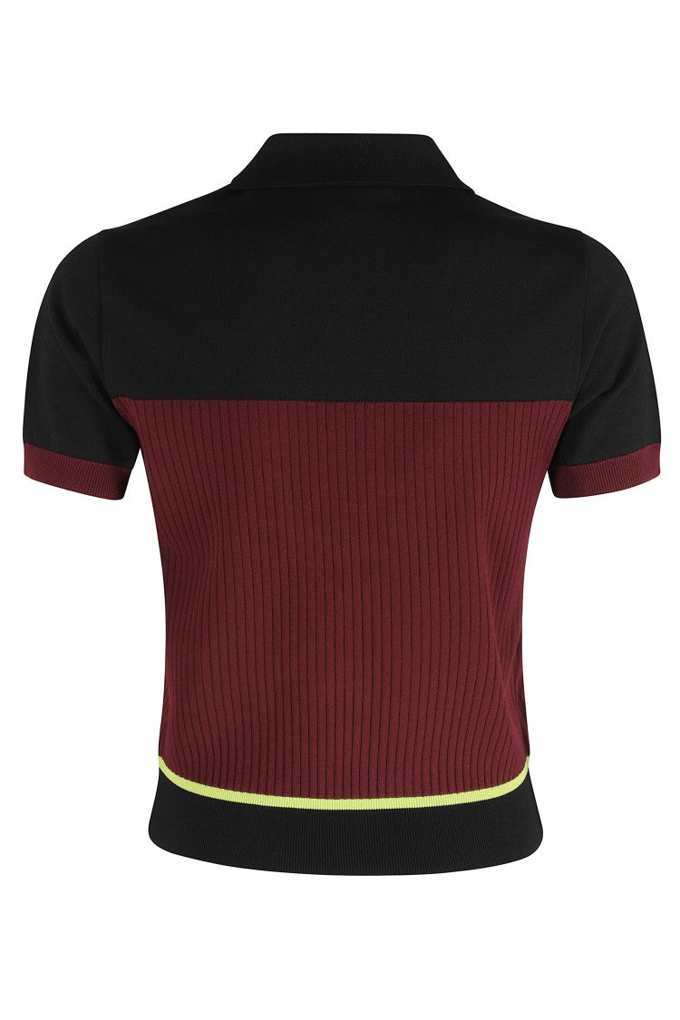 Casablanca Burgundy Striped Ribbed-Neck Logo-Chest Viscose-Blend Polo Shirt