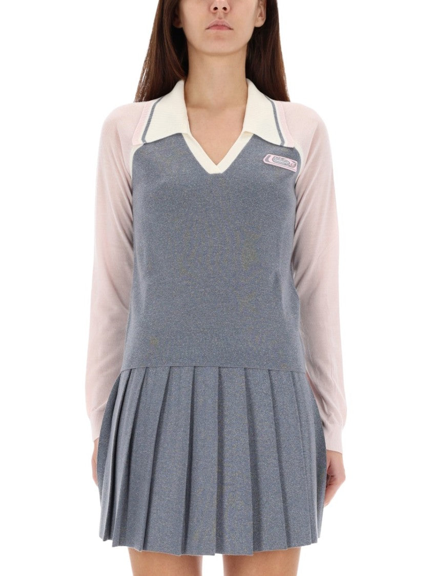 Casablanca Long Sleeve Polo Shirt With Pleated Hem And Contrasting Trim