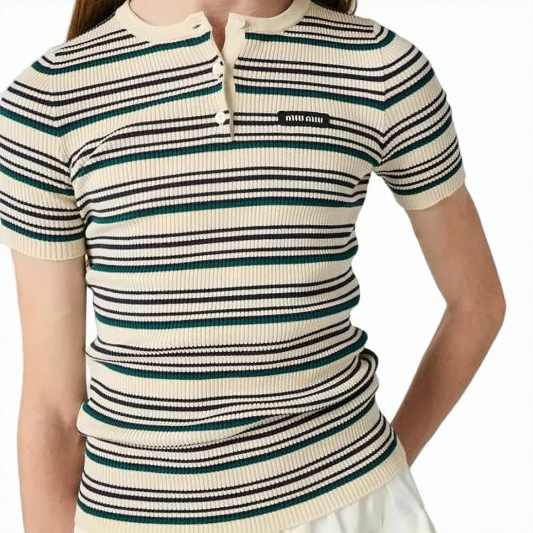 Miu Miu Ribbed Knit Sweater With Horizontal Stripes And Button Placket