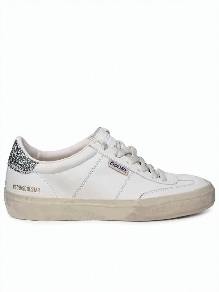 Golden Goose Distressed White Leather Low-Top Sneakers With Glitter Accents