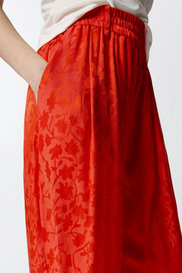 Pinko Orange Bedonia Jacquard Floral Smocked Waist Viscose-Blend Flared Pants