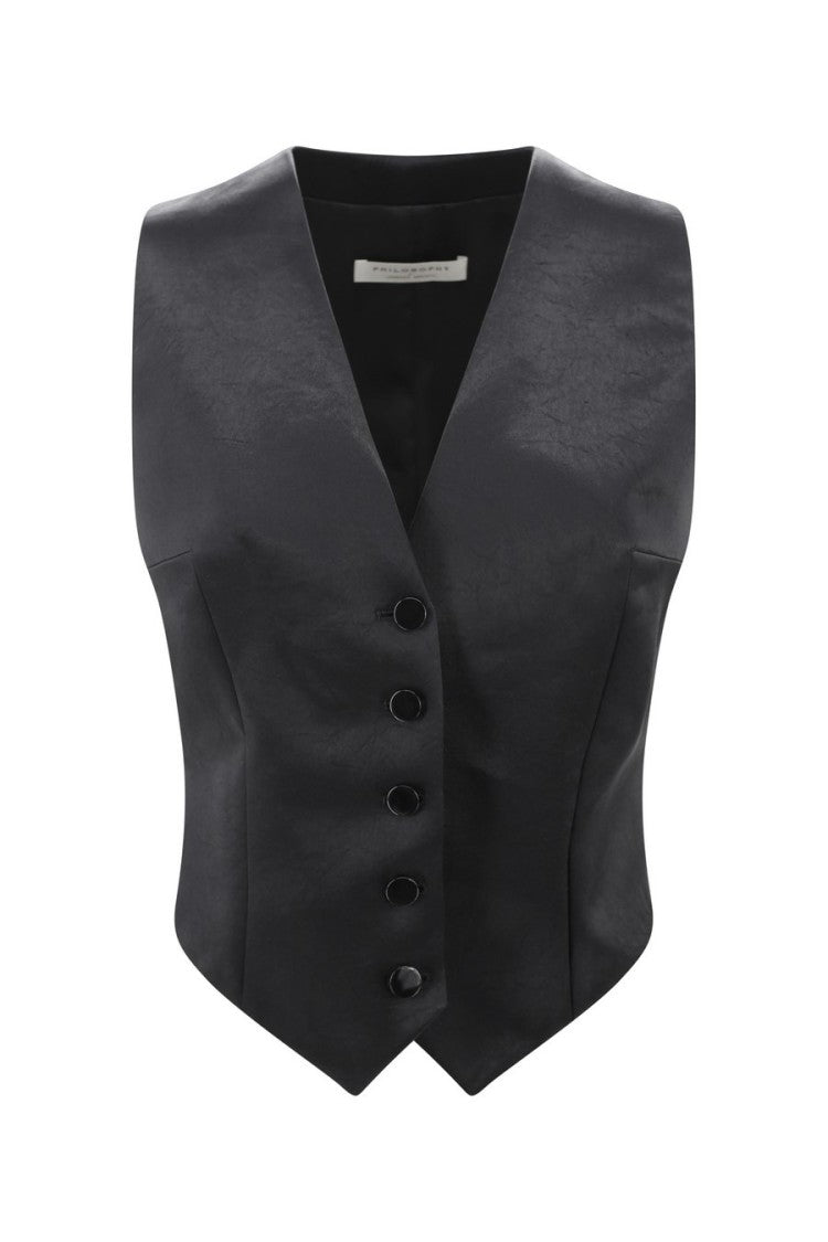 Philosophy Di Lorenzo Serafini Tailored Black Acetate Vest With Deep V-Neckline
