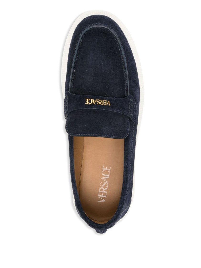 Versace Navy Suede Loafers With Distinctive Medusa Emblem