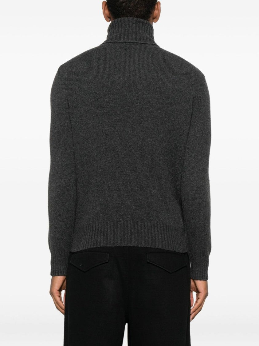 Ami Paris Anthracite Grey Turtleneck Ribbed Knit Sweater