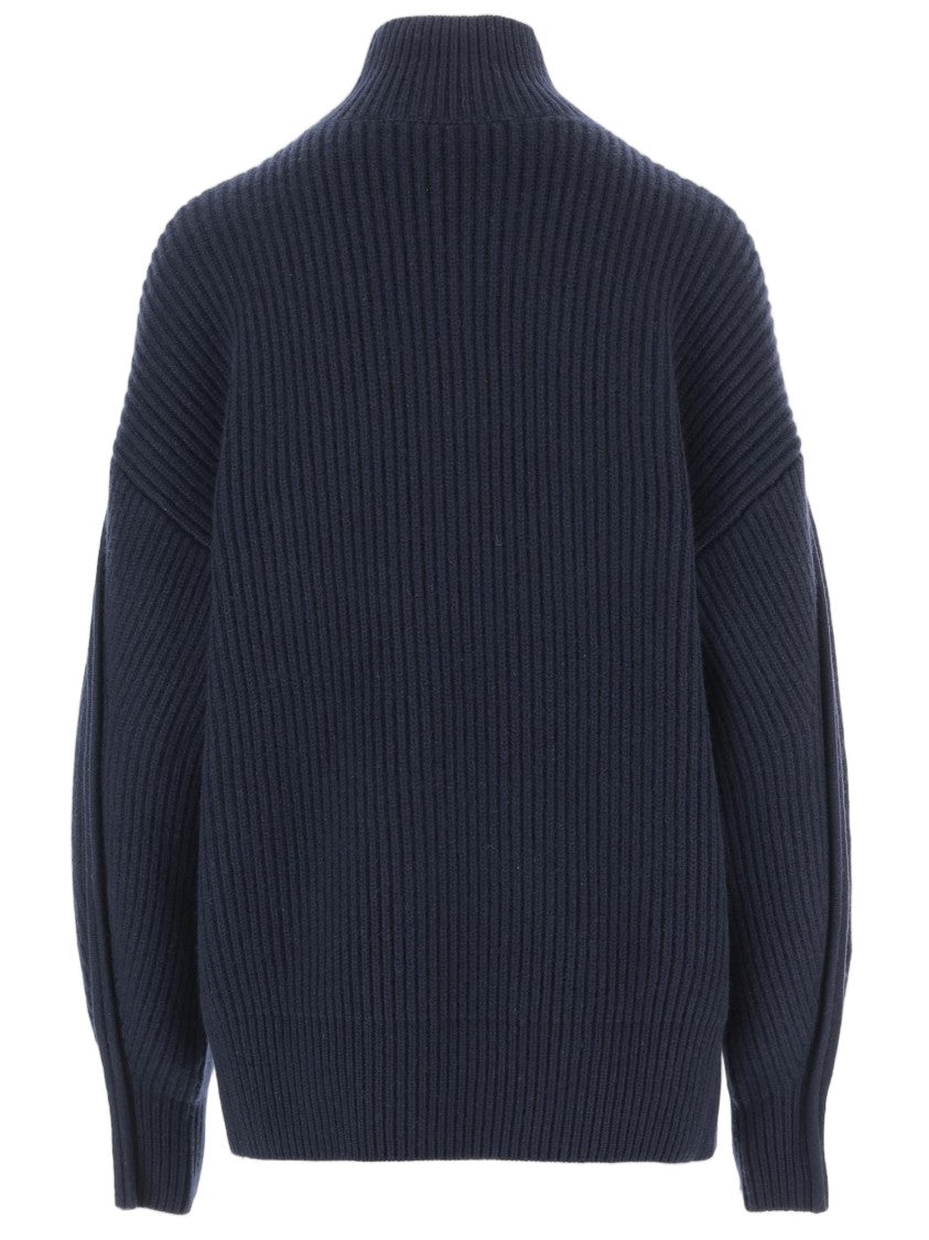 Carven Navy Voluminous-Sleeve Ribbed Cashmere Turtleneck