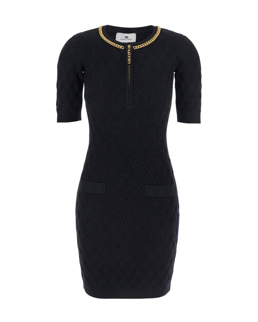 Elisabetta Franchi Black Diamond Knit Mini Dress With Jewel Detail