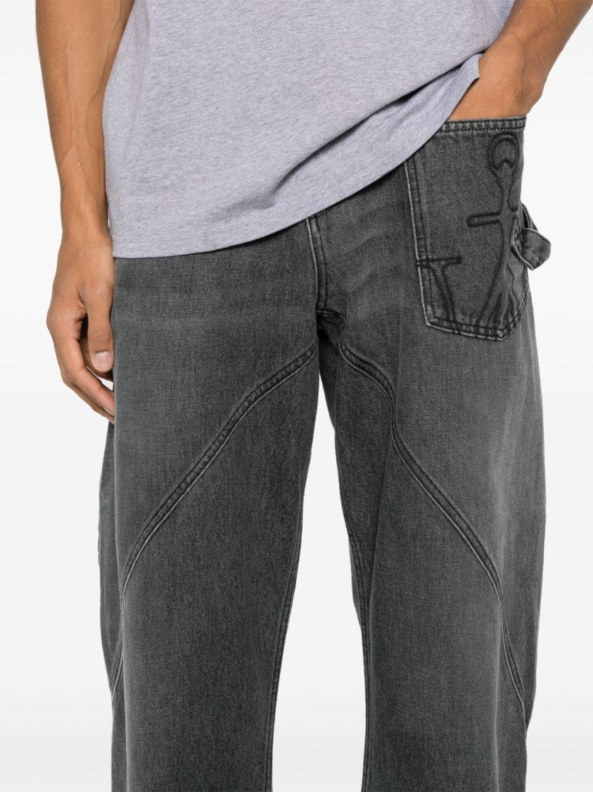 J. W. Anderson Relaxed Fit Grey Jeans With Diagonal Stitching And Embroidered Logo