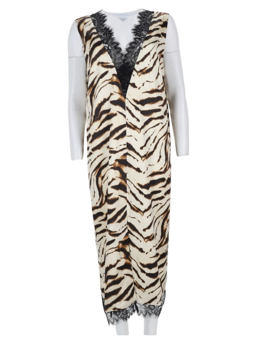 Ganni Midi Dress With Tiger Stripe Pattern And Lace Trim