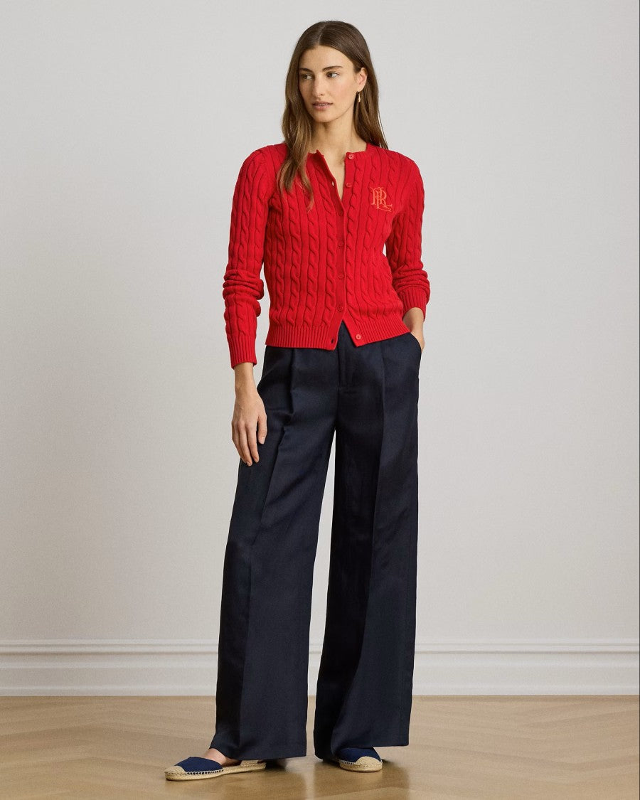 Lauren Ralph Lauren Navy Blue Woven Linen Wide Trousers