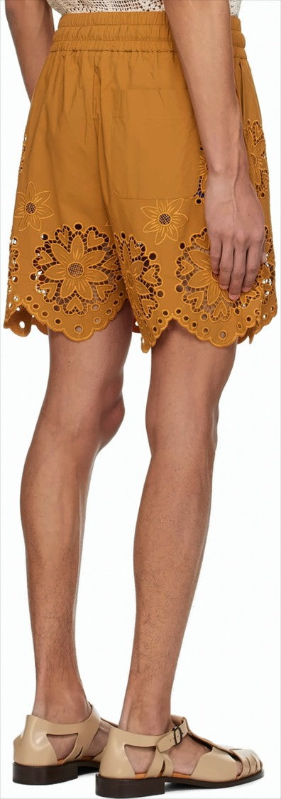 Cmmn Swdn Brown Cotton Shorts With Floral Cut-Out Embroidery