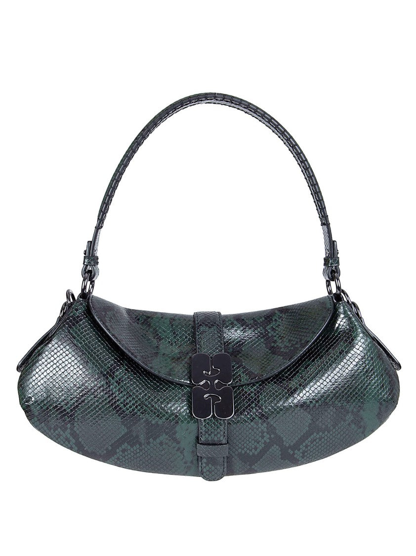 Ganni Crescent-Shaped Shoulder Bag In Glossy Faux Snake Texture