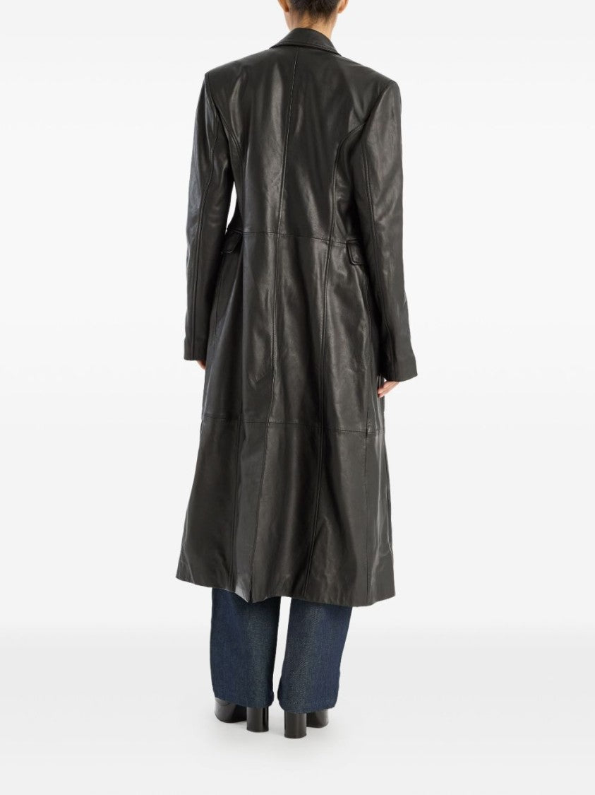 Rotate Double-Breasted Long Black Leather Jacket