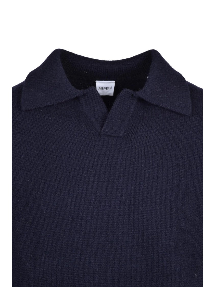Aspesi Textured Knit Polo With Classic Collar In Deep Navy