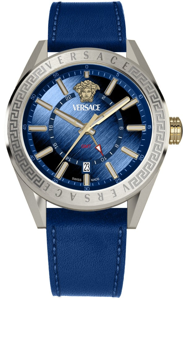Versace Gmt Functionality Watch With Engraved Greek Key Detail