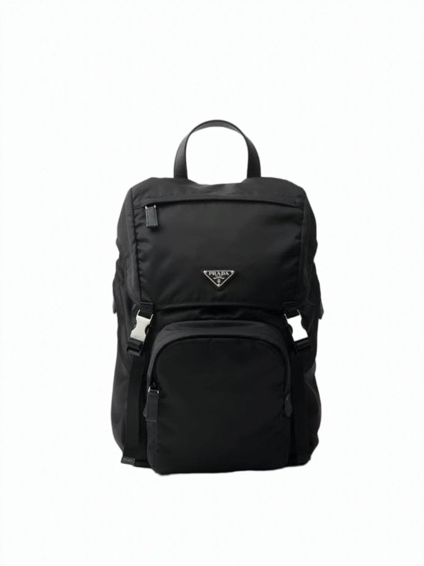 Prada Structured Black Nylon Backpack With Triangular Logo Plaque