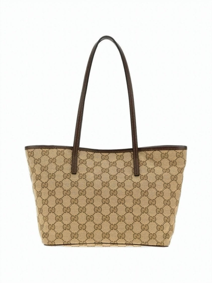 Gucci Rectangular Canvas Tote Bag With Monogram Pattern And Metallic Plaque
