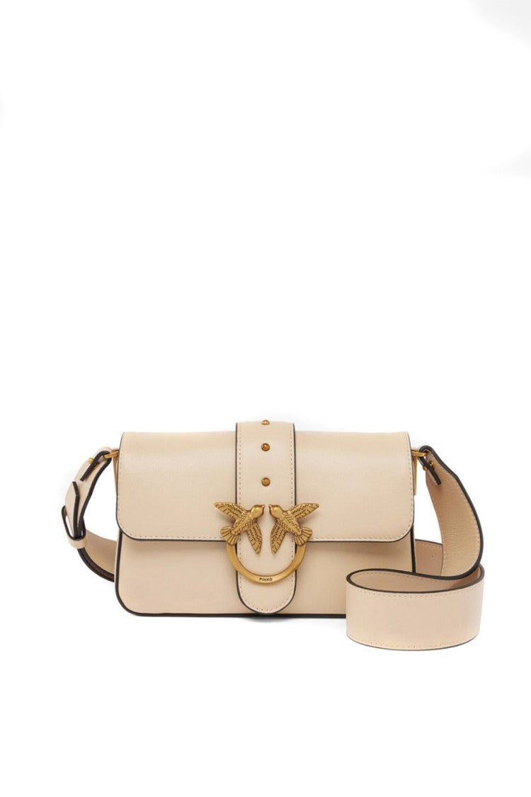 Pinko Beige Gold-Tone Love Birds Buckle Leather Shoulder Bag