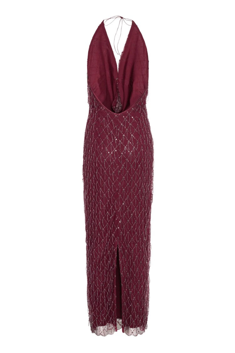 Rotate Red Sequined Halterneck Open Back Long Dress