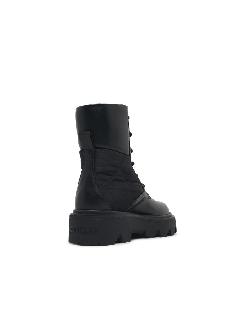 Moncler Rounded Toe Black Leather Blend Boots With Quilted Side Inserts