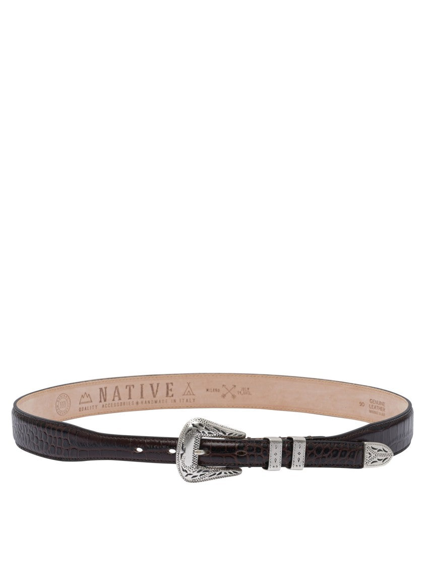 Adriano Meneghetti Crocodile-Textured Leather Belt With Silver-Toned Buckle