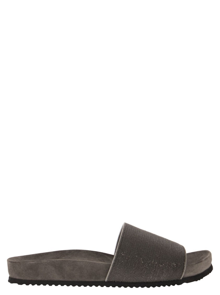 Brunello Cucinelli Lignite Slides With Embroidered Monili Embellishment