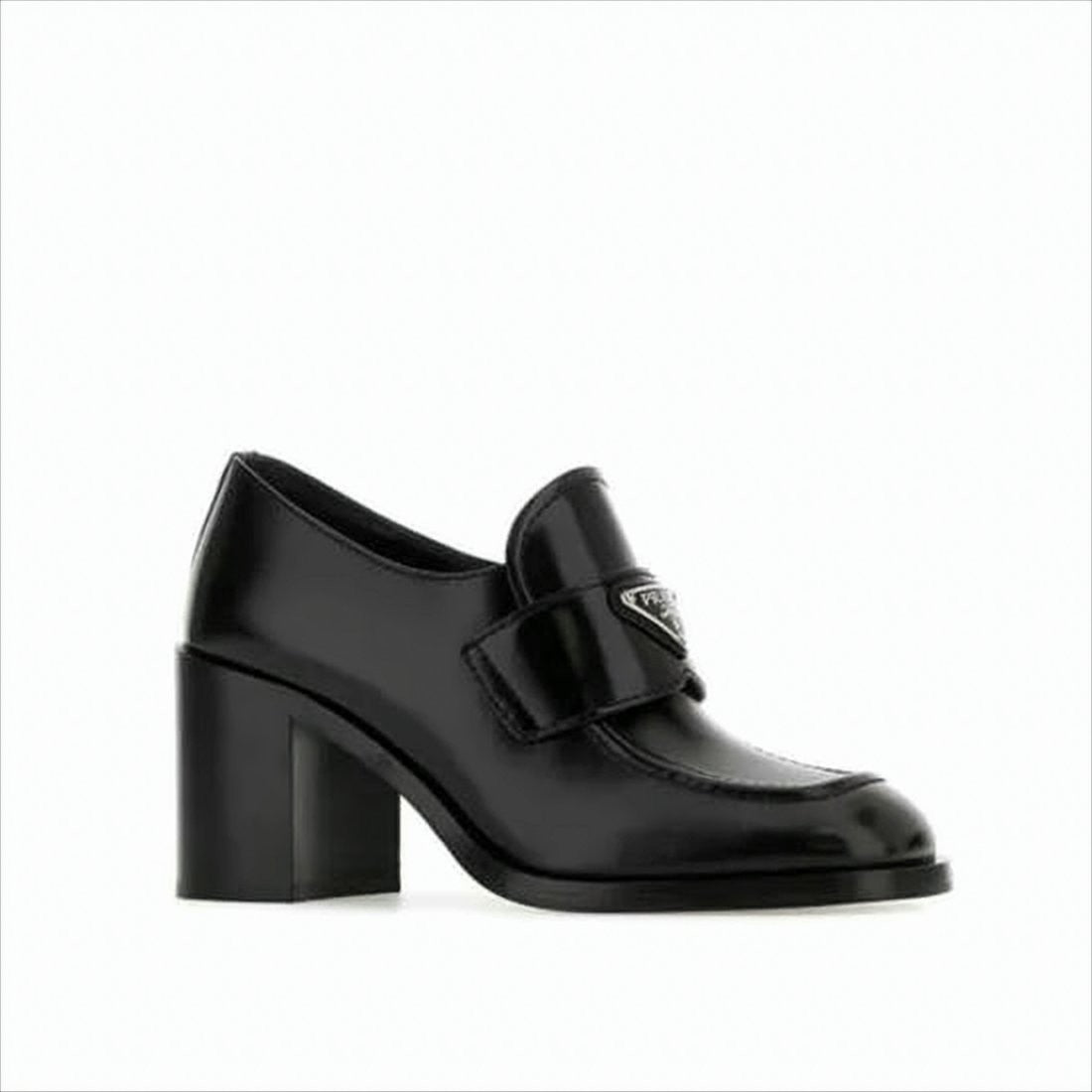 Prada Polished Leather Loafer With Prominent Strap And Block Heel