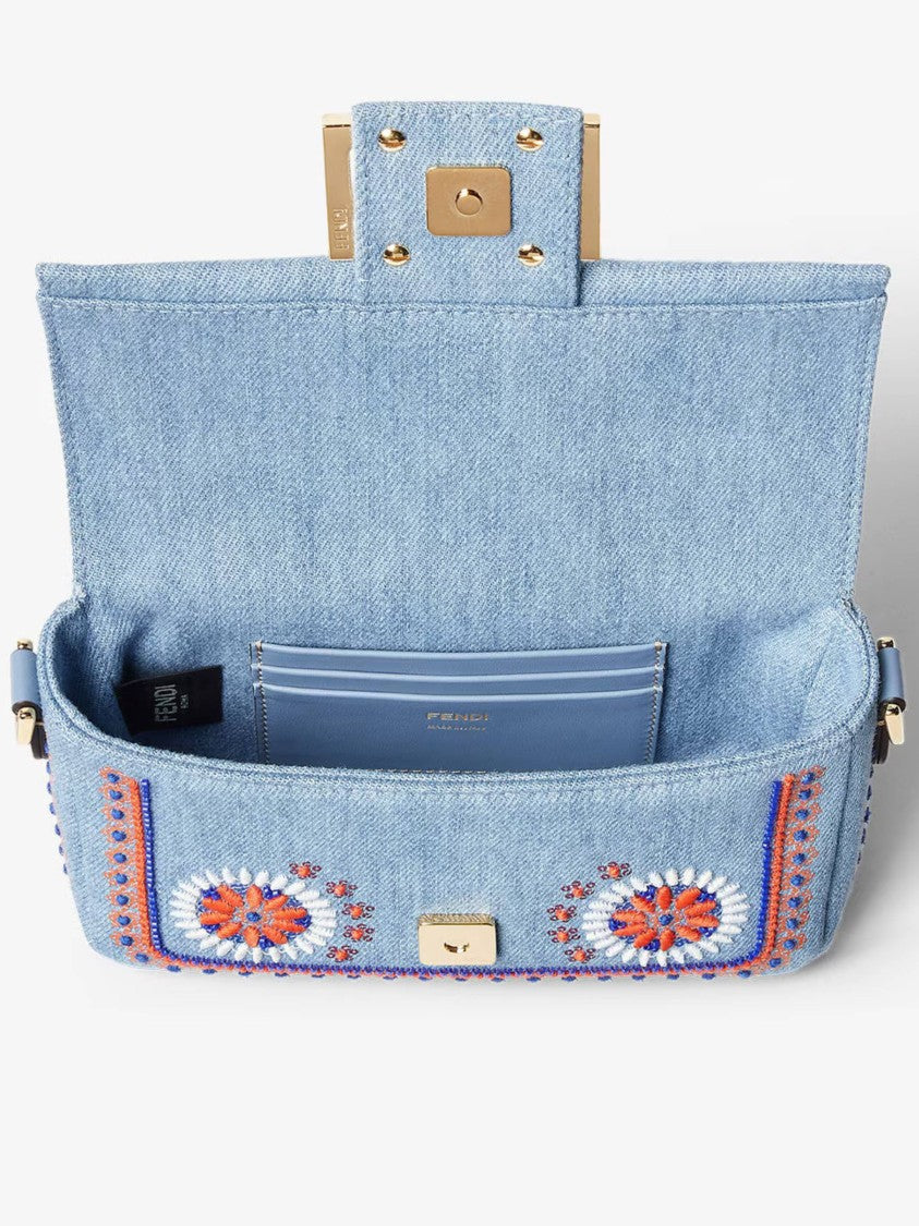 Fendi Rectangular Denim Mini Baguette With Floral Embroidery And Gold-Tone Clasp