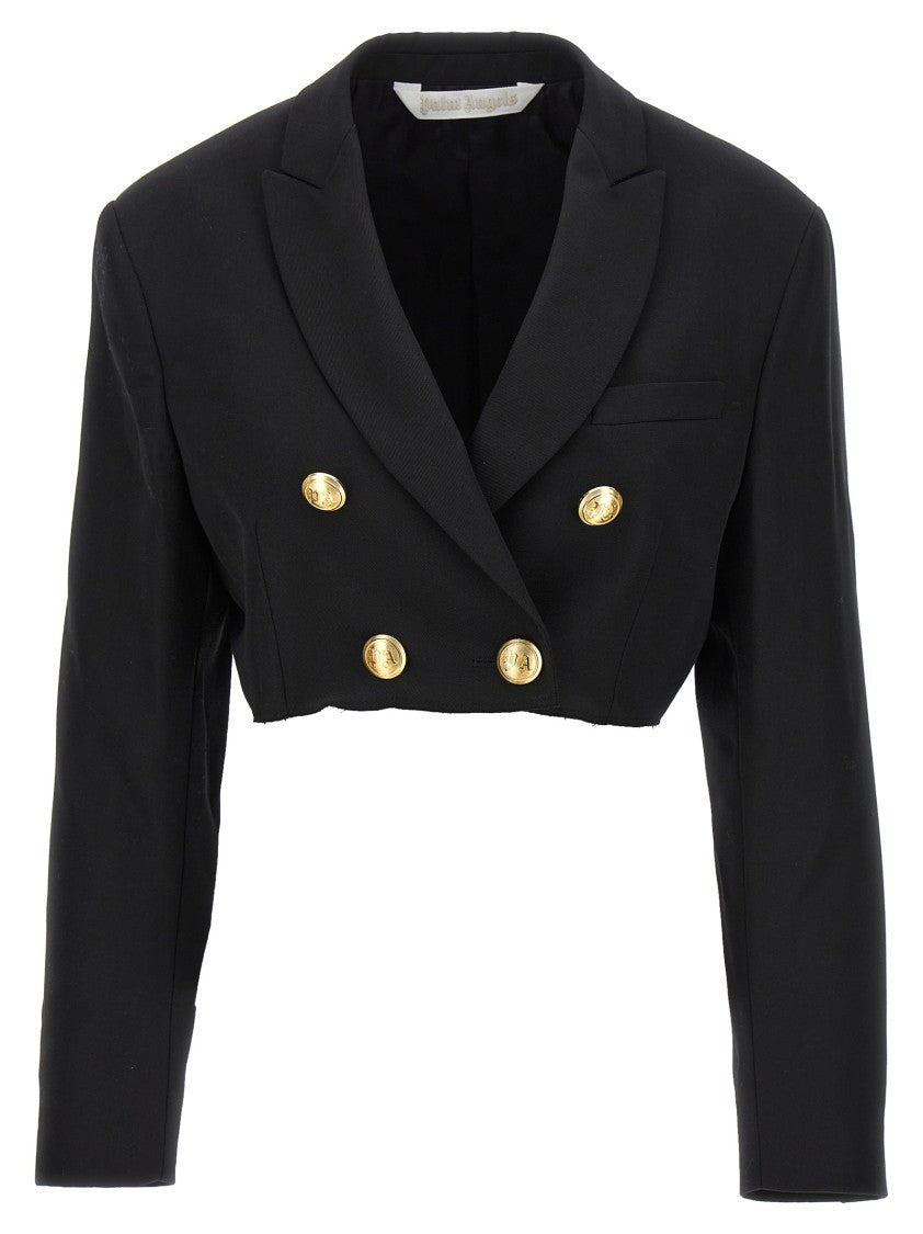Palm Angels Double-Breasted Cropped Blazer With Gold Button Accents