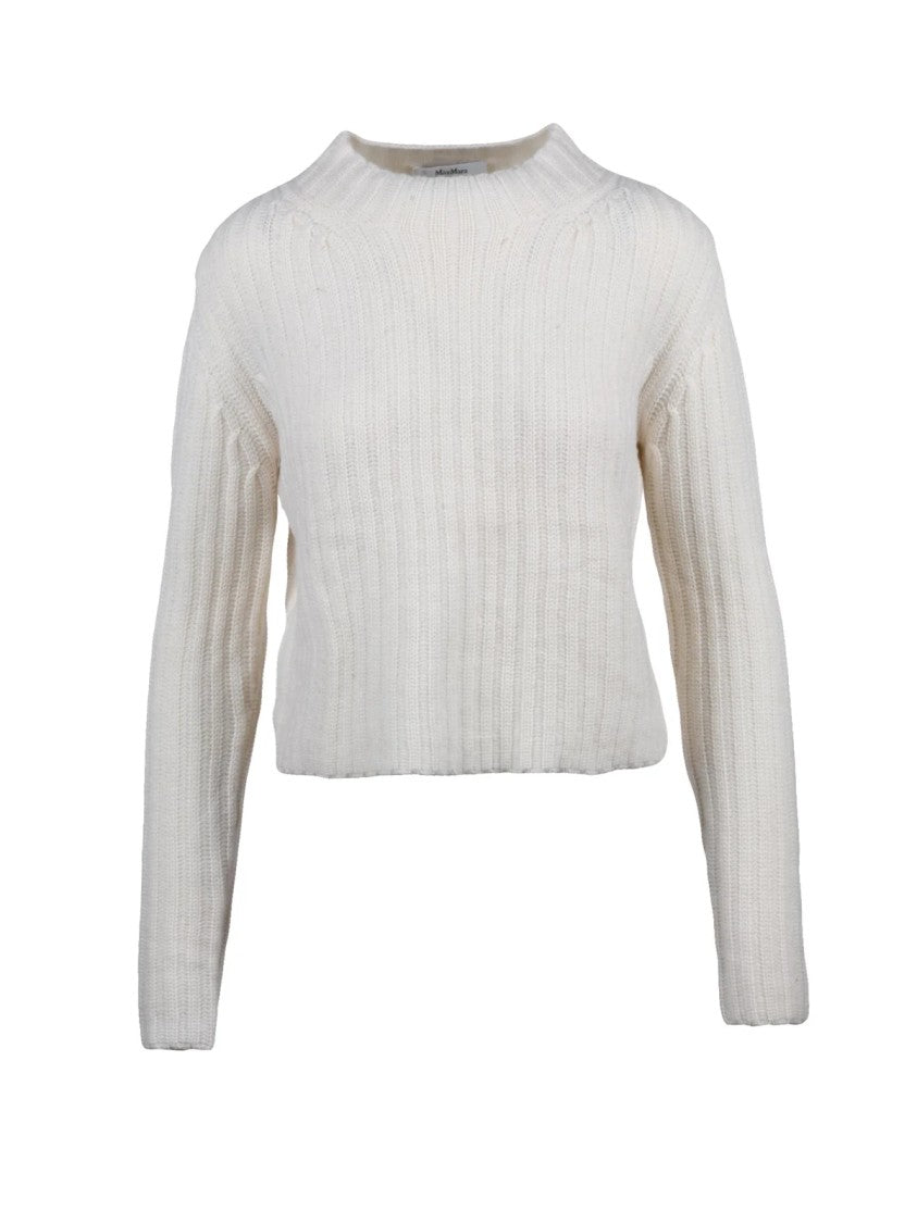 Max Mara Ribbed Knit Wool Cashmere Sweater With Crew Neckline And Cropped Fit