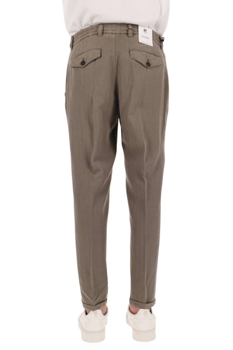 Pt Torino Tailored Brown Pants With Elastic Waistband And Flap Pockets