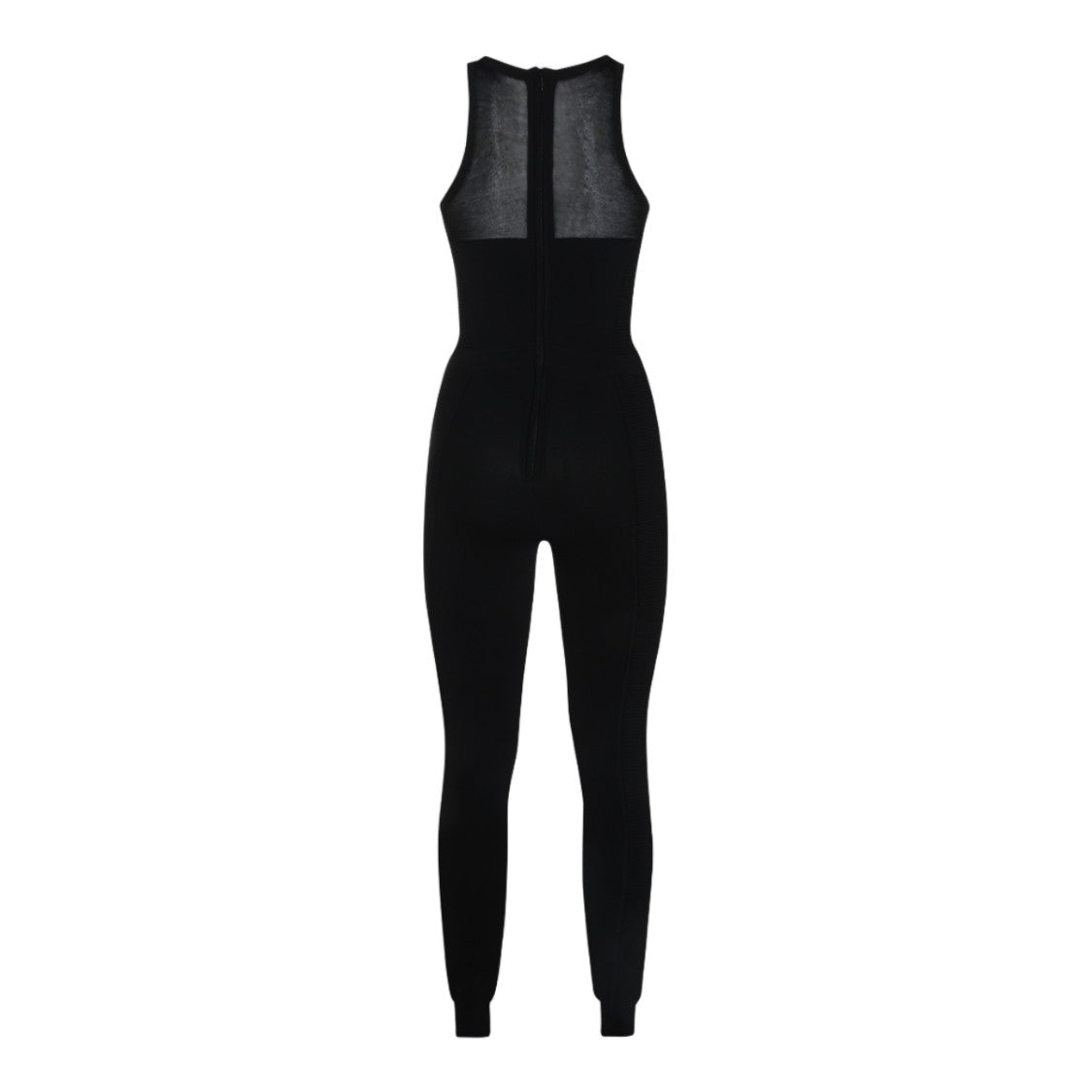Elisabetta Franchi Form-Fitting Black Jumpsuit With Sheer Mesh Panel And Ribbed Detailing