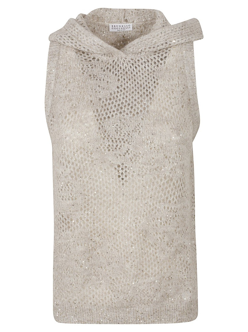 Brunello Cucinelli Open-Knit Sleeveless Jacket With Floral Pattern And Sequins