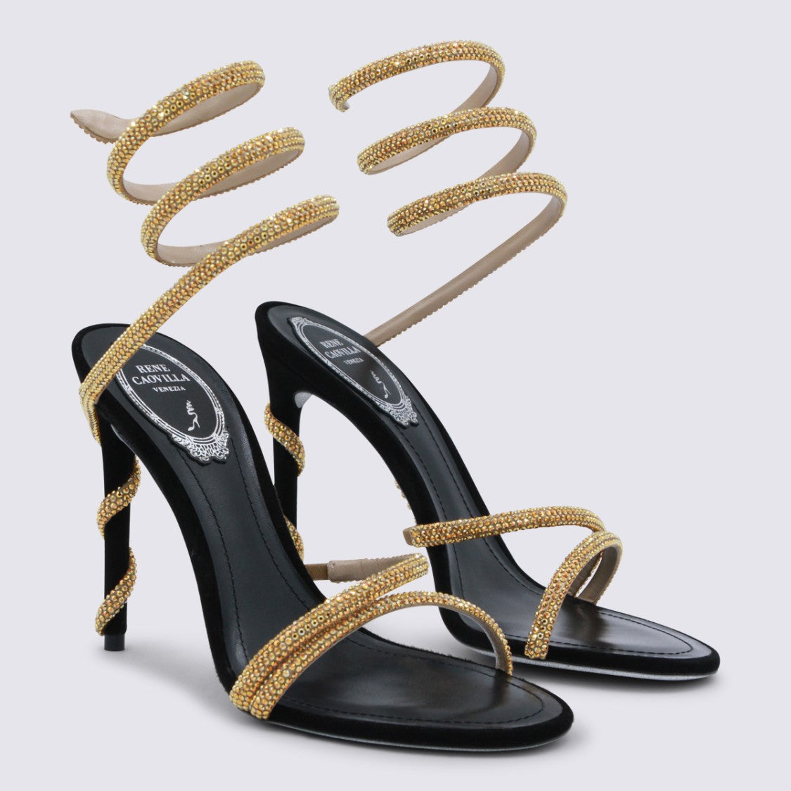 René Caovilla Black And Gold Leather Sandals