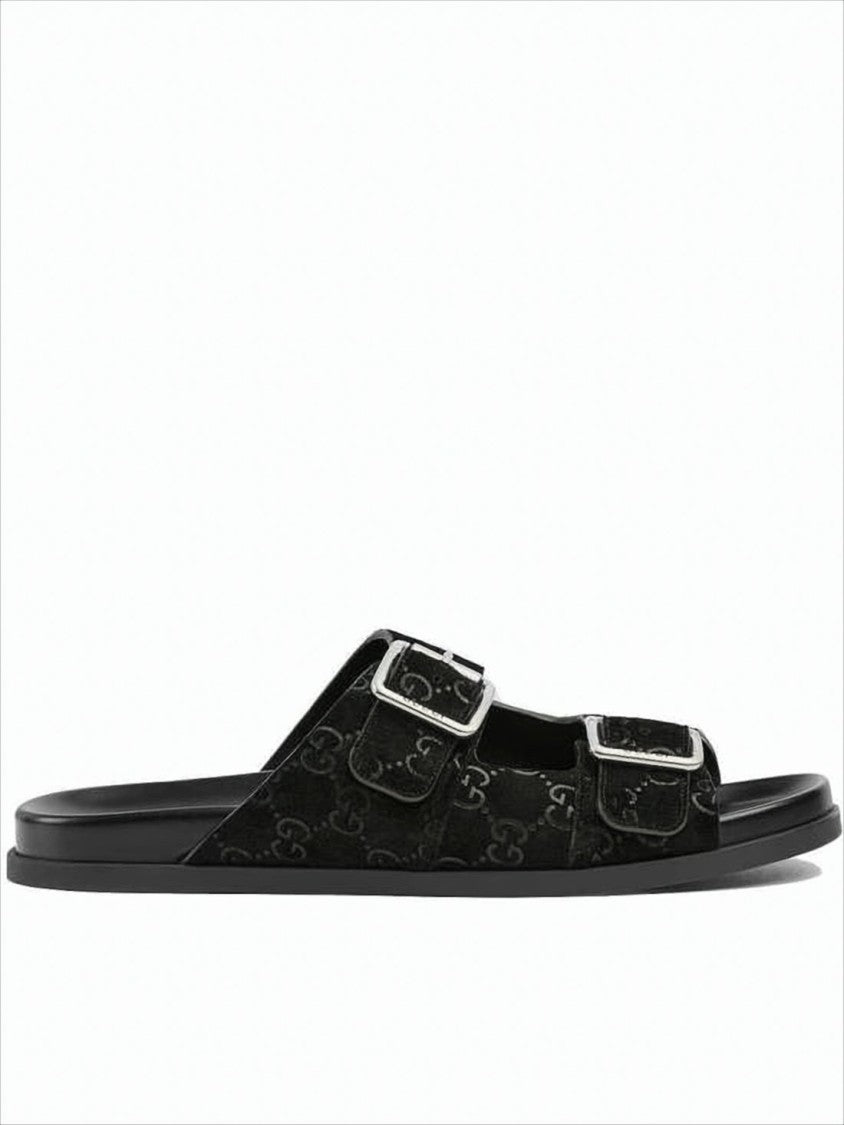 Gucci Monogram-Patterned Black Suede Sandals