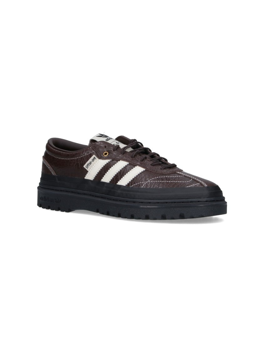 Adidas Textured Brown Leather Sneakers With Signature Three Stripes