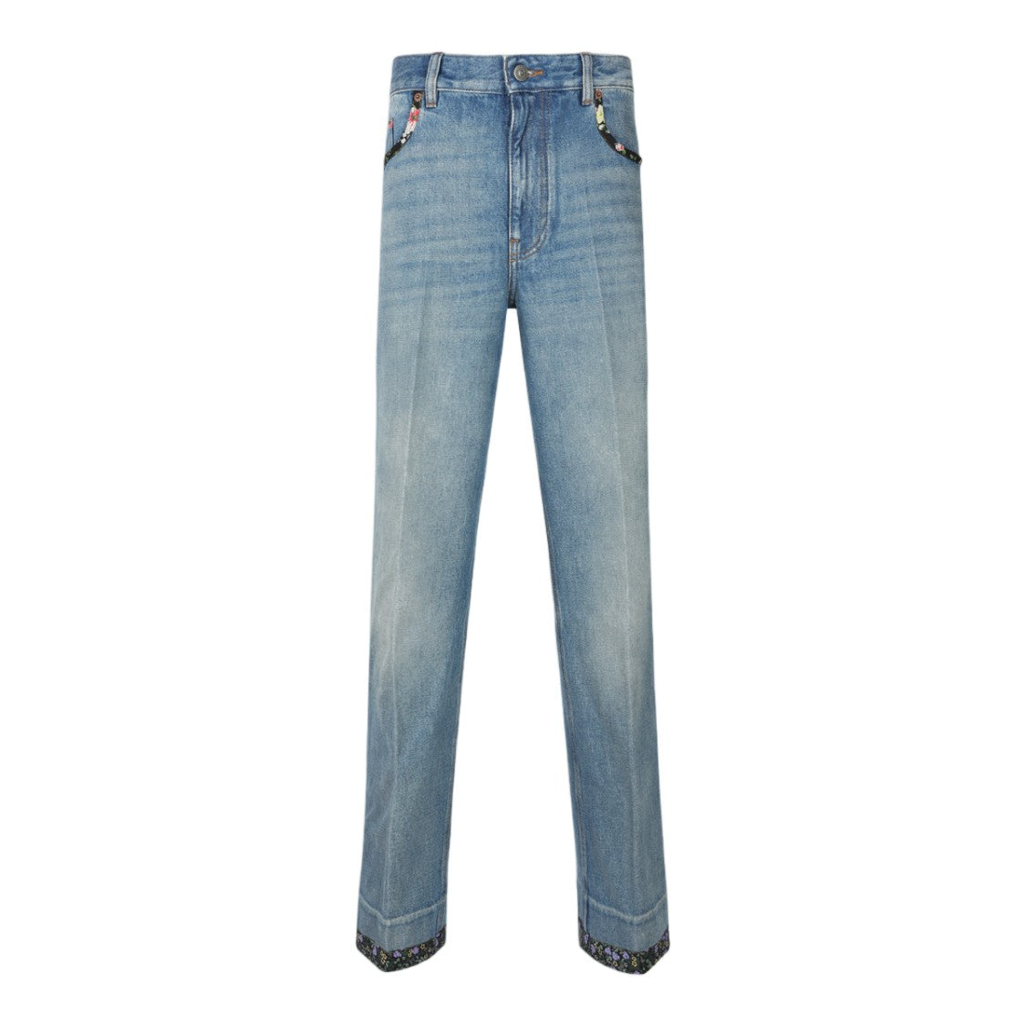 Valentino Classic Straight-Leg Jeans With Multicolored Trim Accents