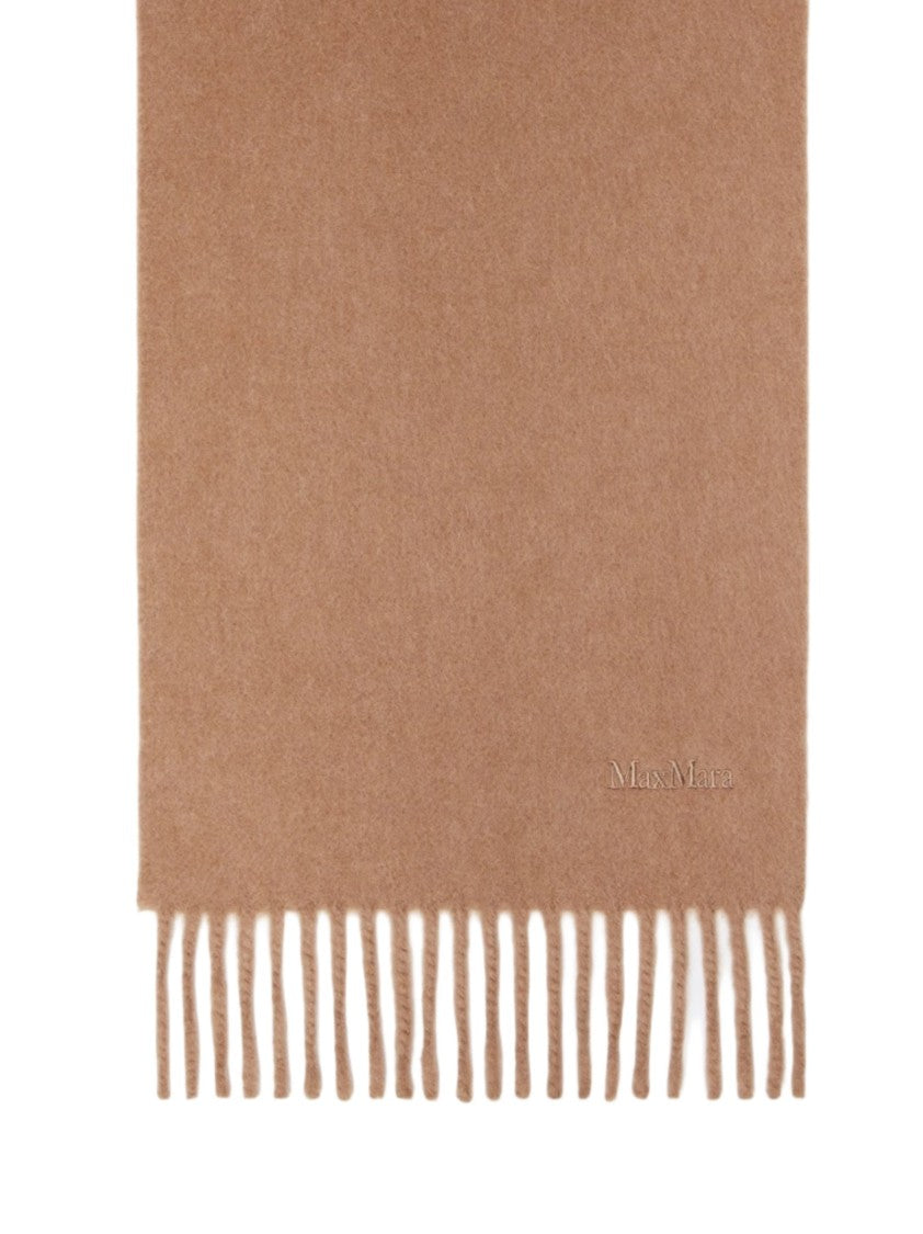 Max Mara Long Camel Scarf With Fringed Ends And Discreet Logo