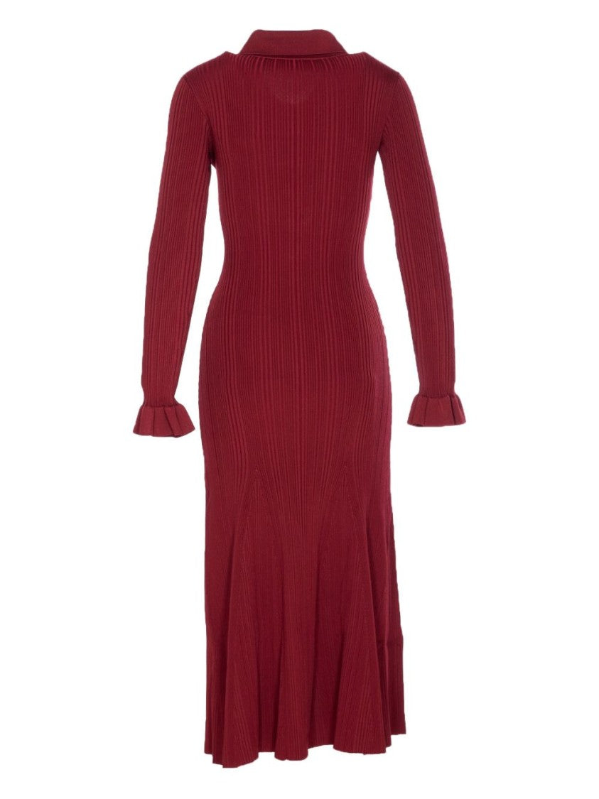 Self-Portrait Burgundy Ribbed Knit Midi Dress With Ruffled Cuffs