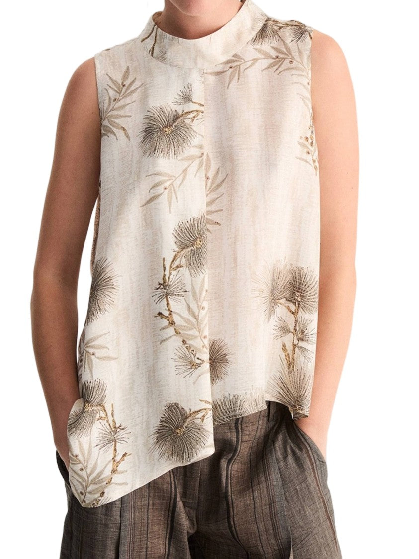 Biancalancia Sleeveless Asymmetrical Botanical Print Top