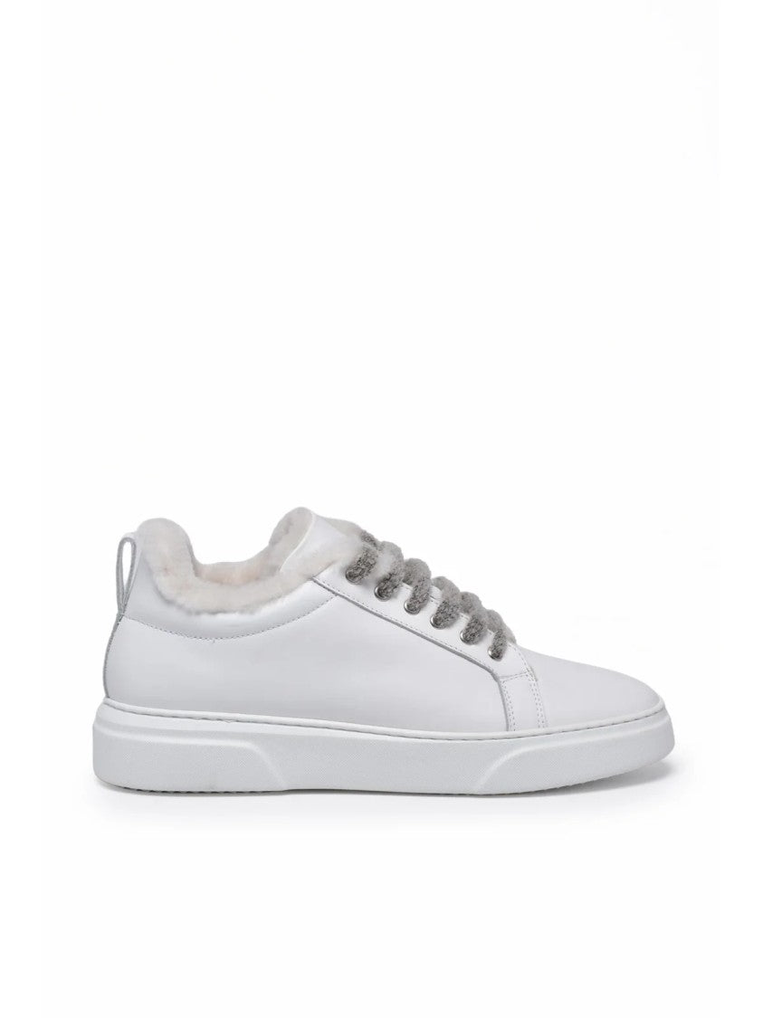Eleventy White Rounded Toe Plush Interior Leather Sneakers