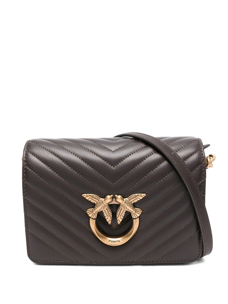 Pinko Quilted Brown Mini Shoulder Bag With Distinctive Bird Clasp