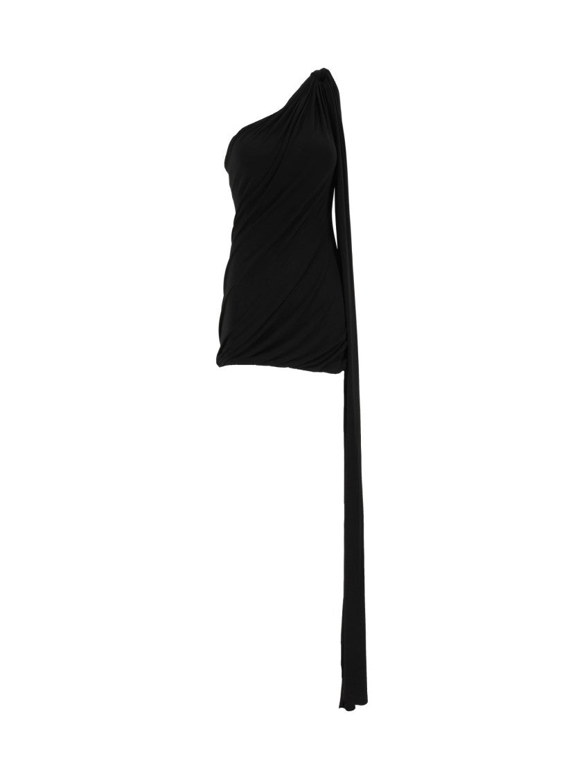 Eleh Black Draped Sleeve Ruched One-Shoulder Fitted Top