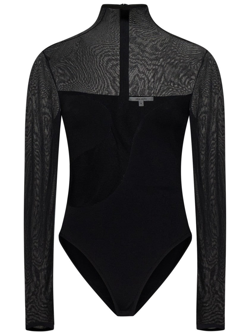 Nensi Dojaka Asymmetric Line Bodysuit With Sheer Sleeves And High Neck