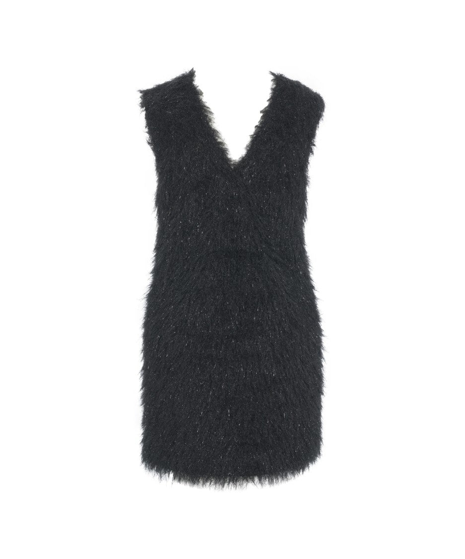 Jucca Fringed Mini Dress With Deep V-Neckline And Shimmering Texture