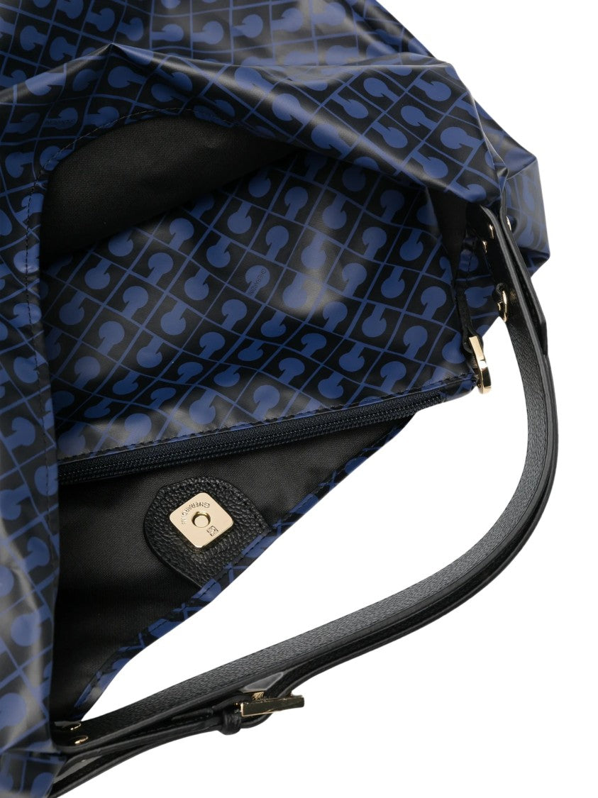 Gherardini Navy Blue Monogram Print Hobo Bag With Gold-Tone Hardware