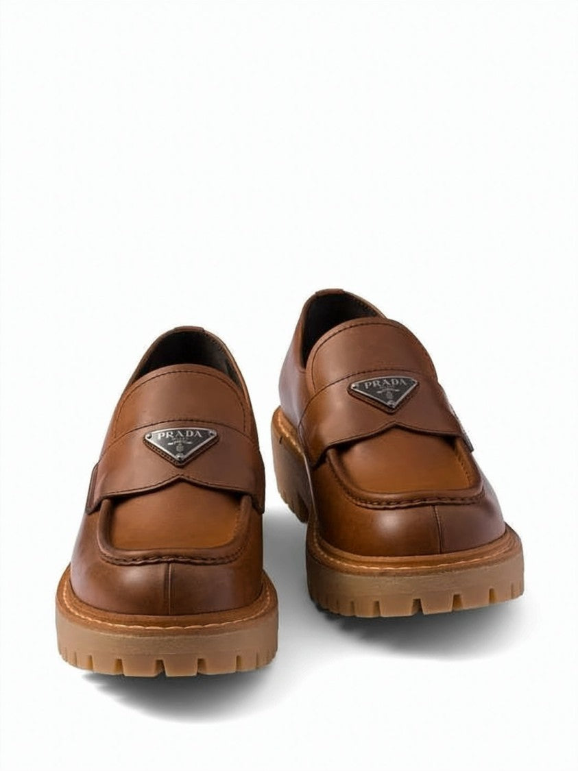 Prada Brown Calf Leather Loafers With Triangular Logo Plaque