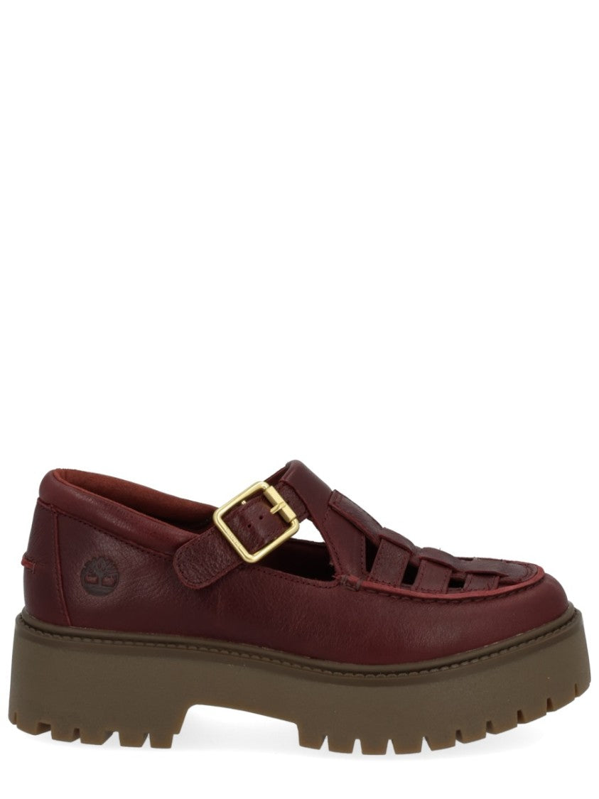 Timberland Bordeaux Leather Loafers With Woven Vamp And Gold-Tone Buckle