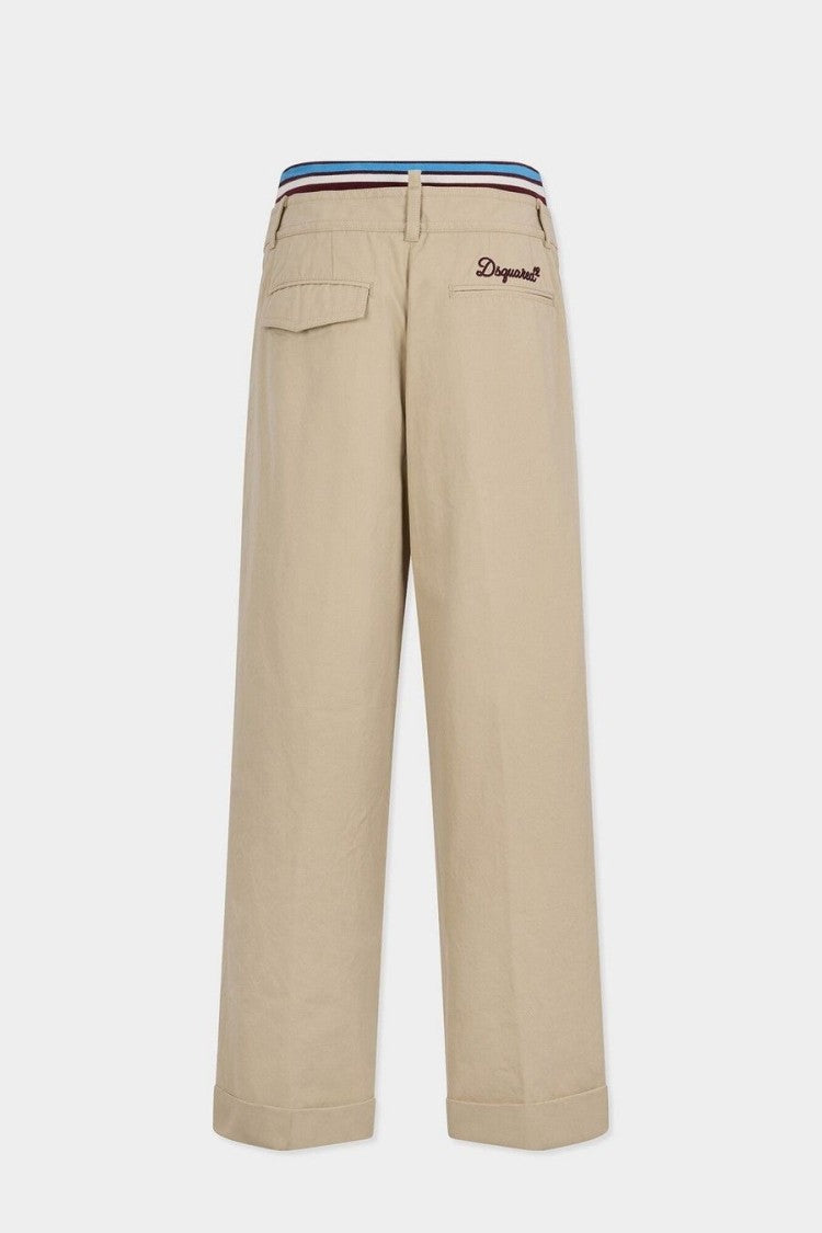 Dsquared2 Beige Contrast Striped Waistband Pleated Cotton Wide-Leg Pants
