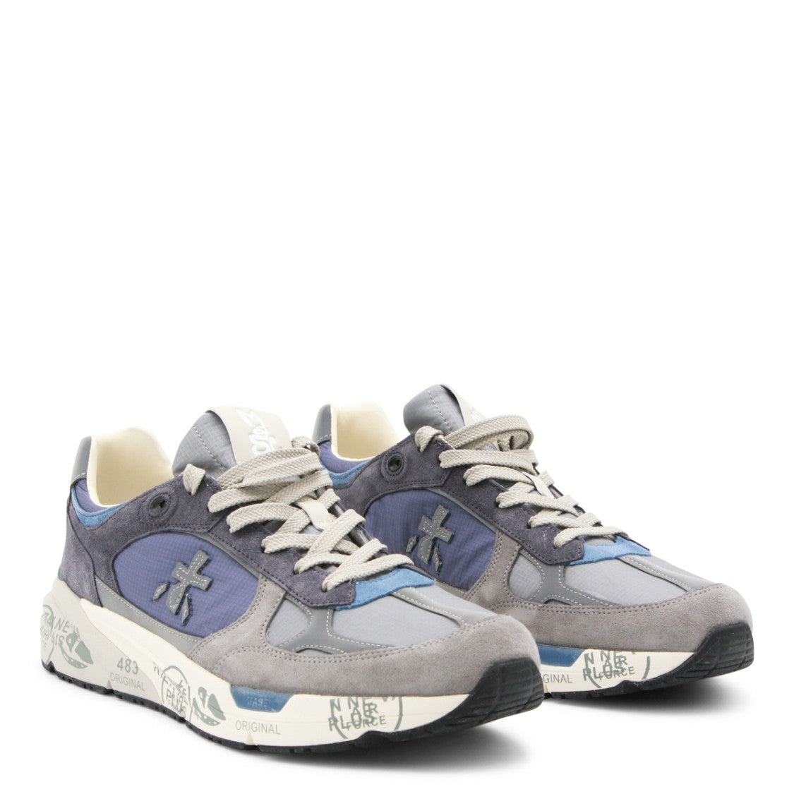 Premiata Layered Grey And Blue Sneakers With Stitched Logo